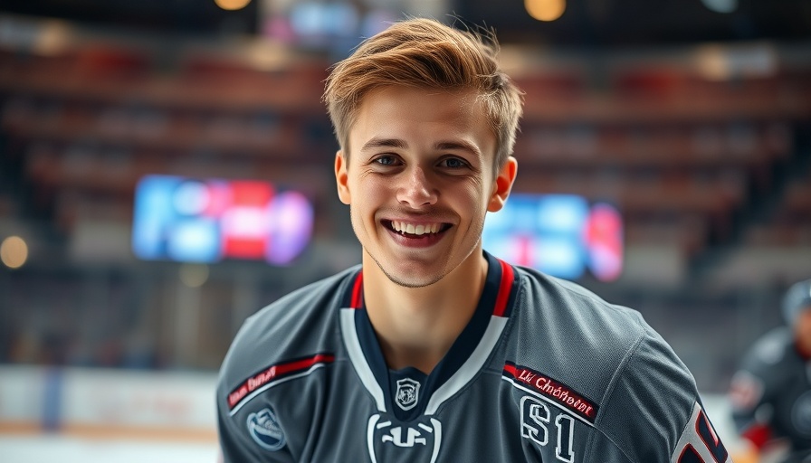 Smiling hockey player in orange jersey on ice, NHL hat trick celebration.