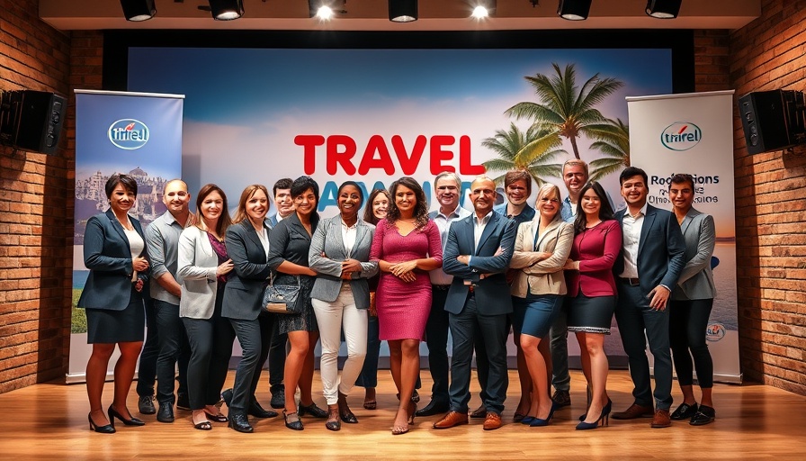 Travel agents streamline business with team pose on stage, vibrant backdrop.