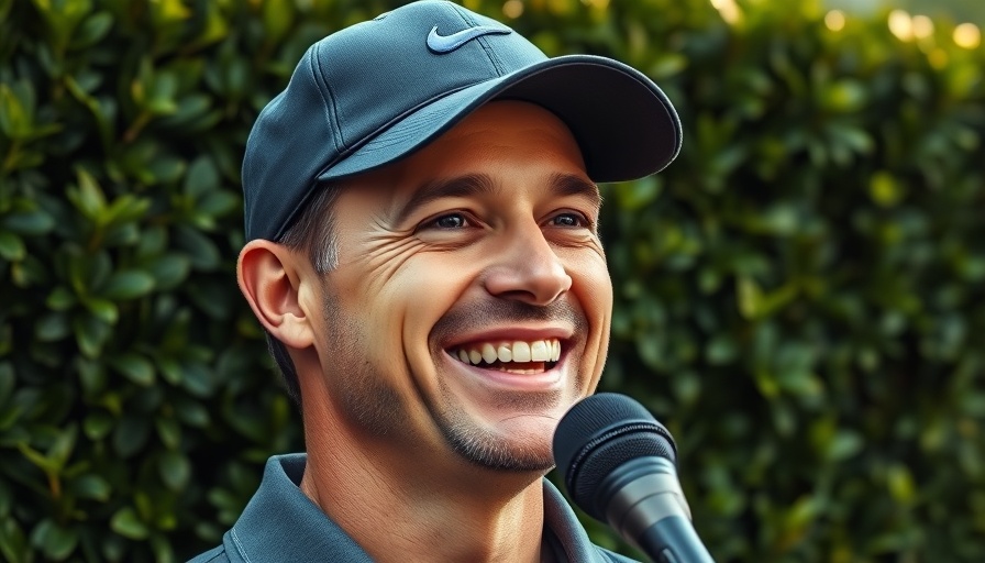 Smiling golfer speaking at a Masters event, green hedge background.