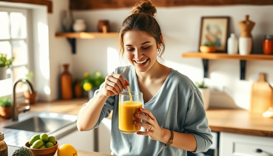 Smiling woman pouring smoothie in a cozy kitchen with rustic decor.