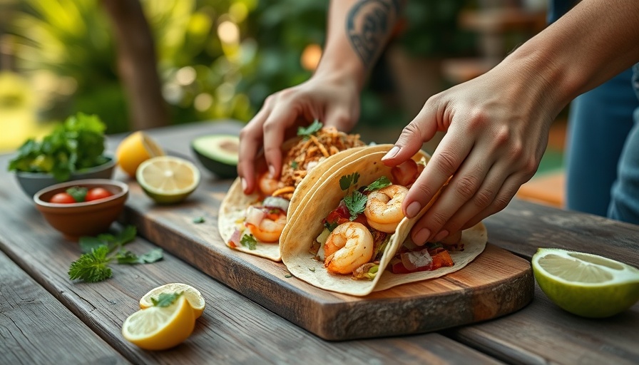 Outdoor dinner menu ideas with shrimp tacos and fresh ingredients.