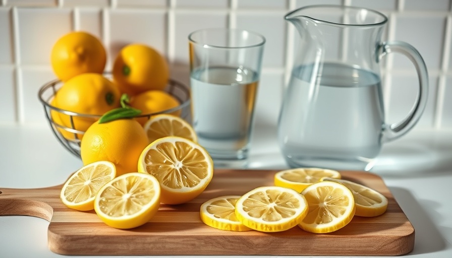 Lemon slices and water pitcher on wooden board in bright kitchen, best time to drink water.