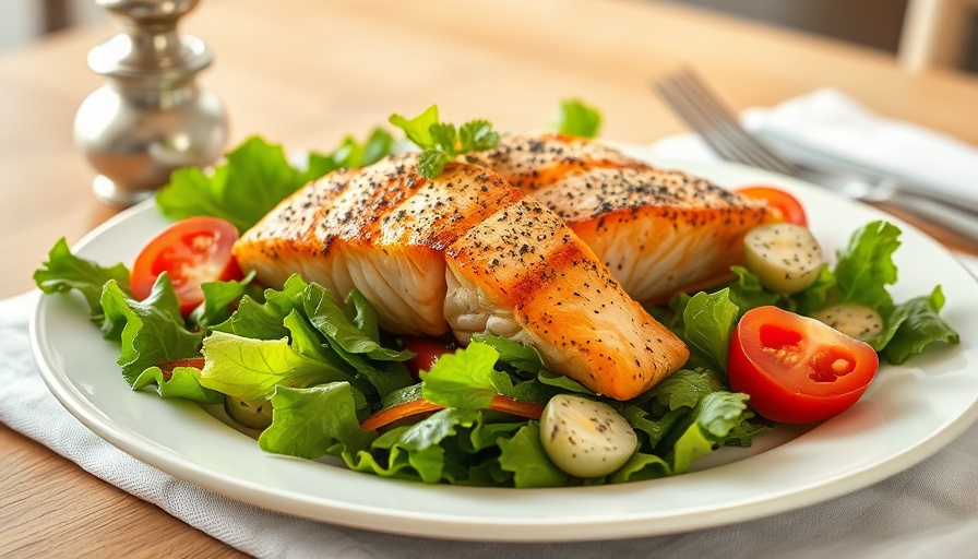 Grilled salmon and salad on a plate, ideal foods to banish breakouts.