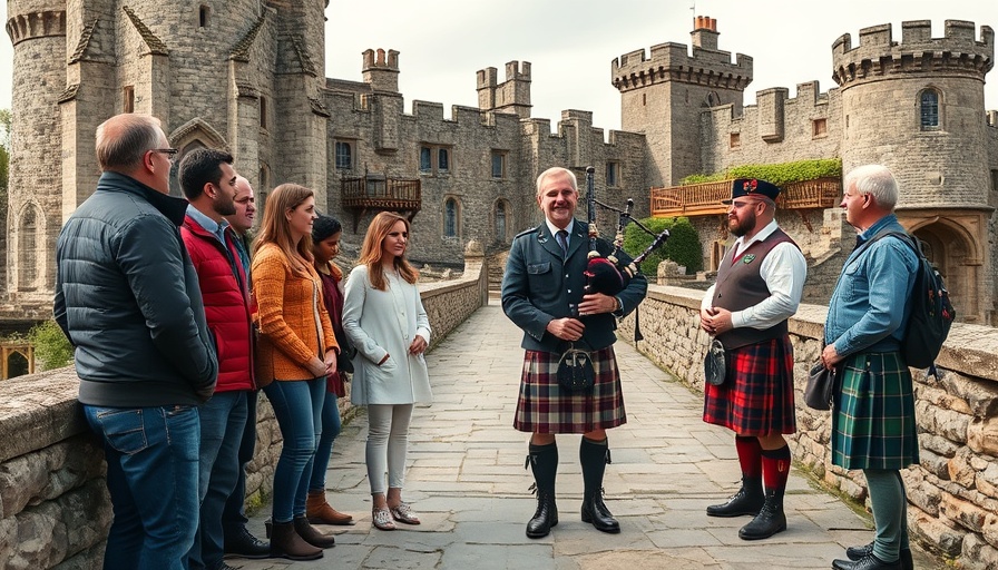 Group chatting with bagpiper in front of medieval castle.