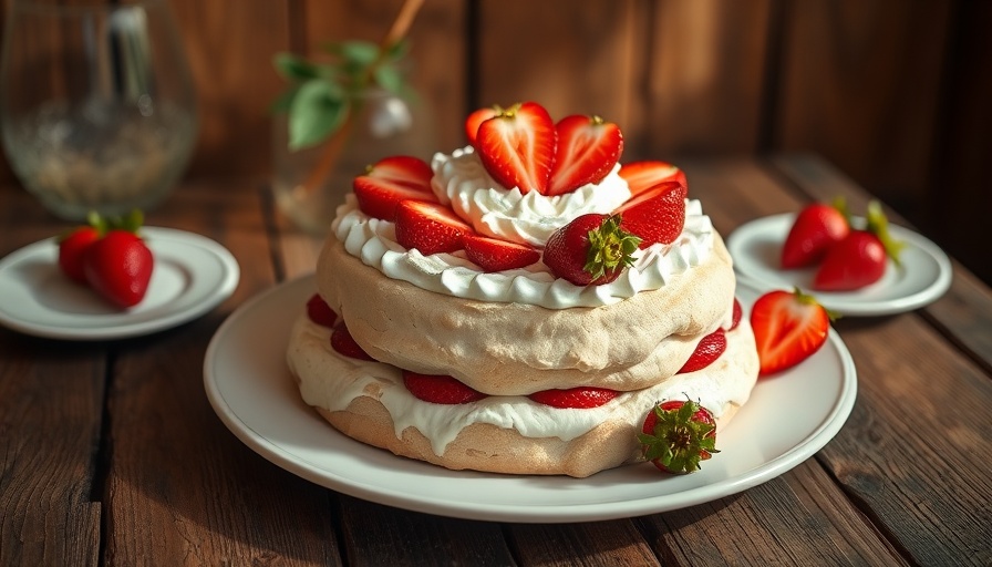 Rustic Strawberries and Cream Pavlova on wooden table.