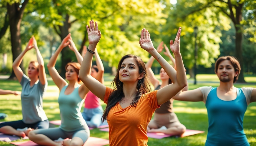 Group performing yoga outdoors to improve sight, sunny park setting.