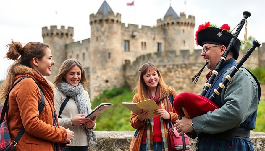 Tourists enjoying a cultural moment with a bagpiper near a historic castle during Travel Agent Appreciation Month.