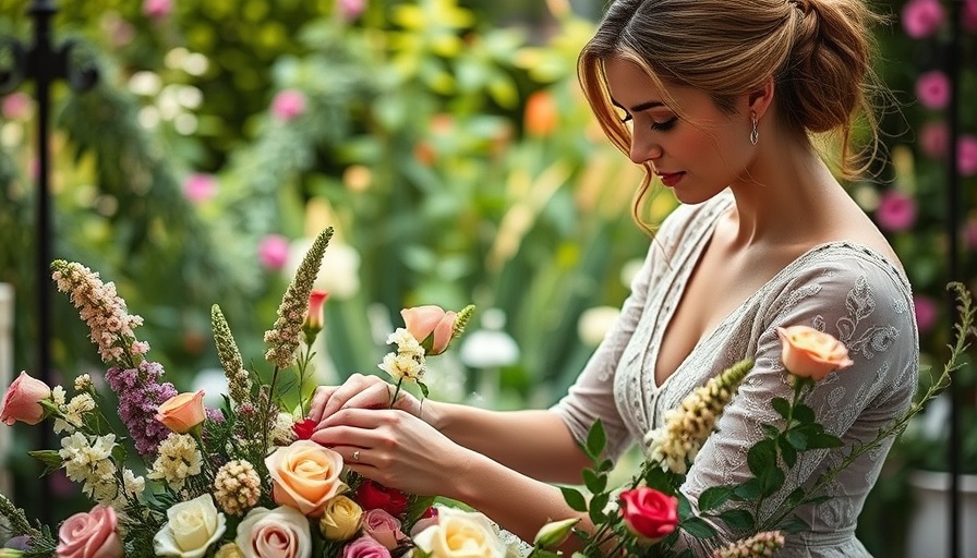 Elegant woman arranging flowers for Mother's Day in serene garden.
