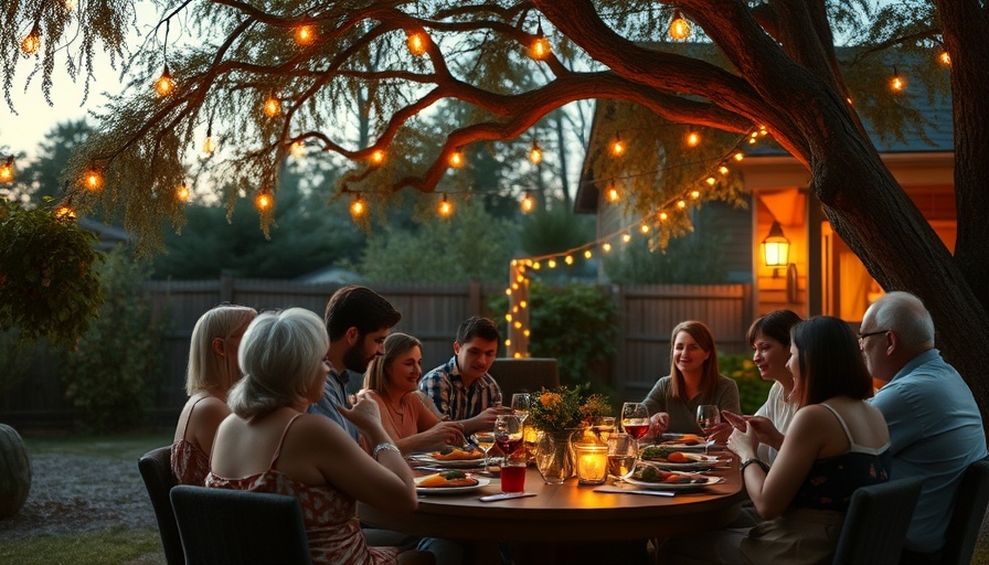 Outdoor summer party ideas with friends under lit trees.