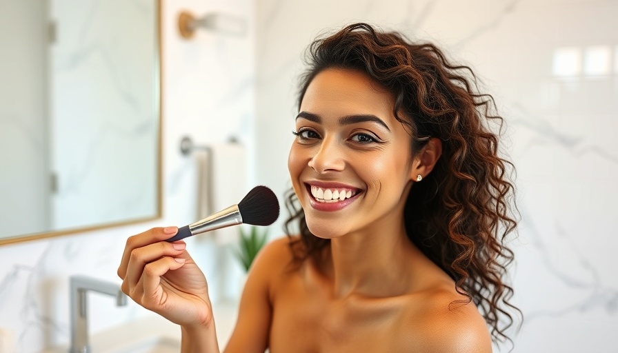 Smiling woman applying best face self tanners in a modern bathroom.