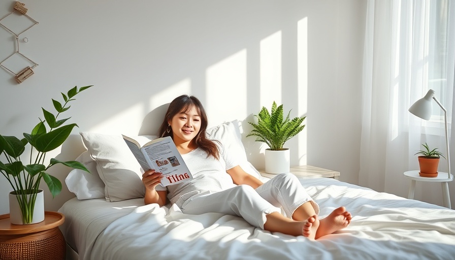 Relaxed young woman enjoying guest room essentials, reading a book.