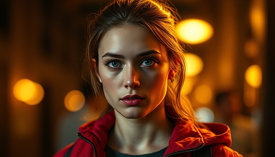 Young woman in red jacket with a focused expression.