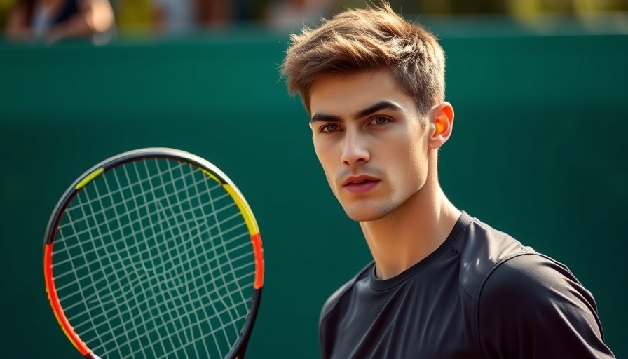 Canadian tennis player holding a racquet at the French Open, focused expression.