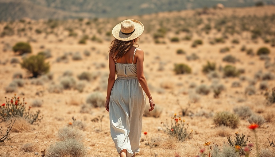 Serene woman walking in desert for mental health.