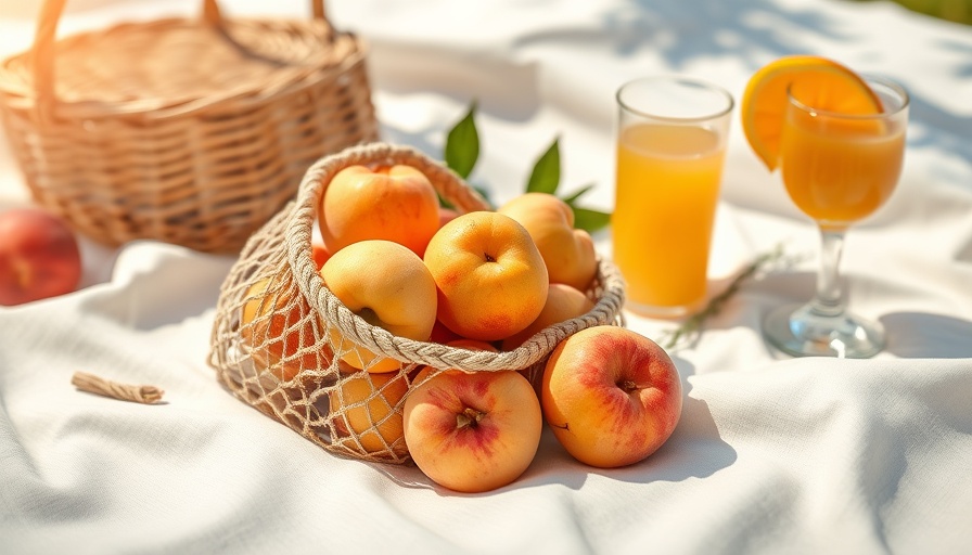 Summer picnic with seasonal fruits and peaches on a cloth.