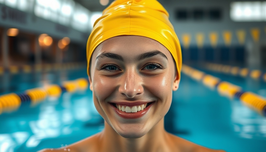 Female swimmer smiling post-race, yellow cap, Summer McIntosh World Record 200m Medley.