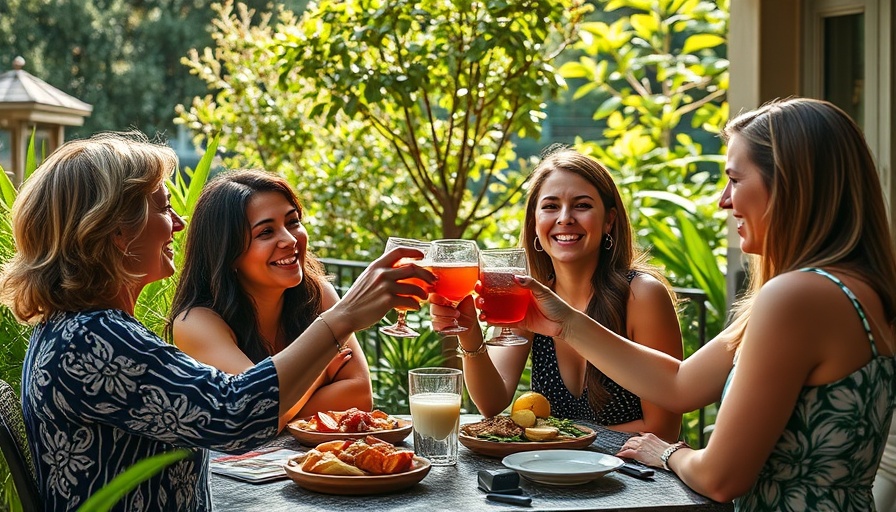 Women enjoying BBQ side dishes at outdoor brunch.