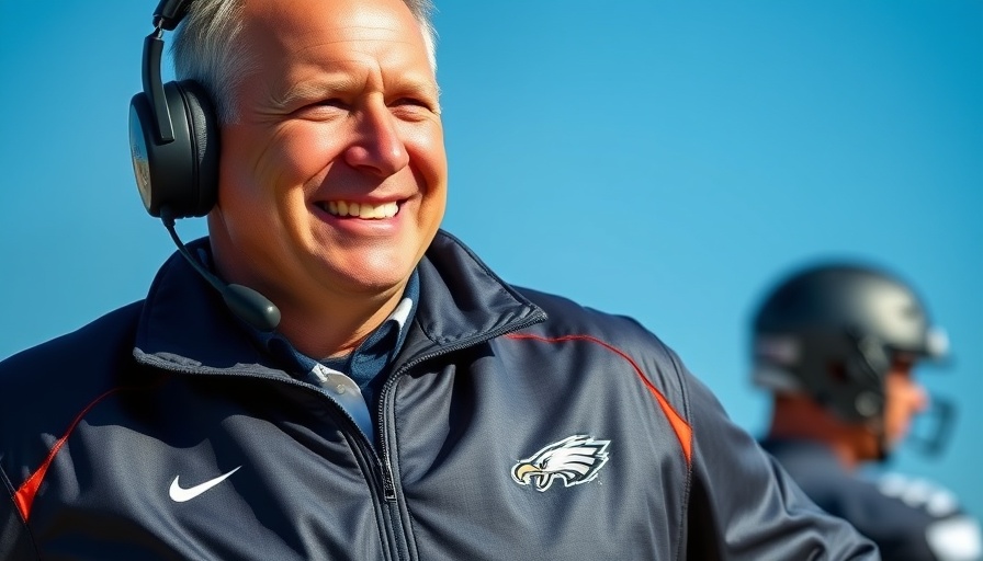Smiling sports coach in team jacket with headset against blue sky.