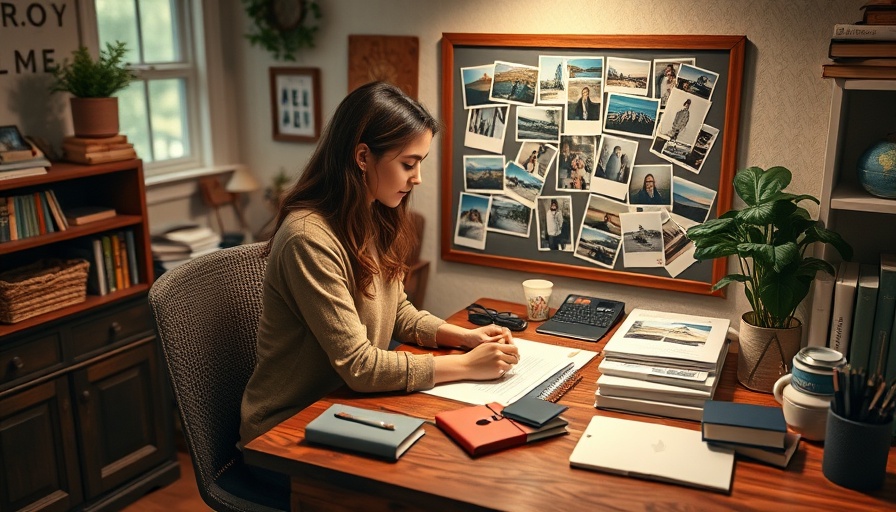 Young woman creating a vision board in a cozy home office.