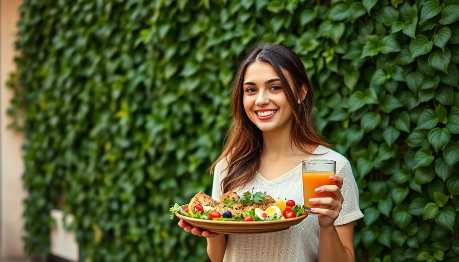 Woman enjoying Mediterranean recipes for wellness, standing by green ivy wall.