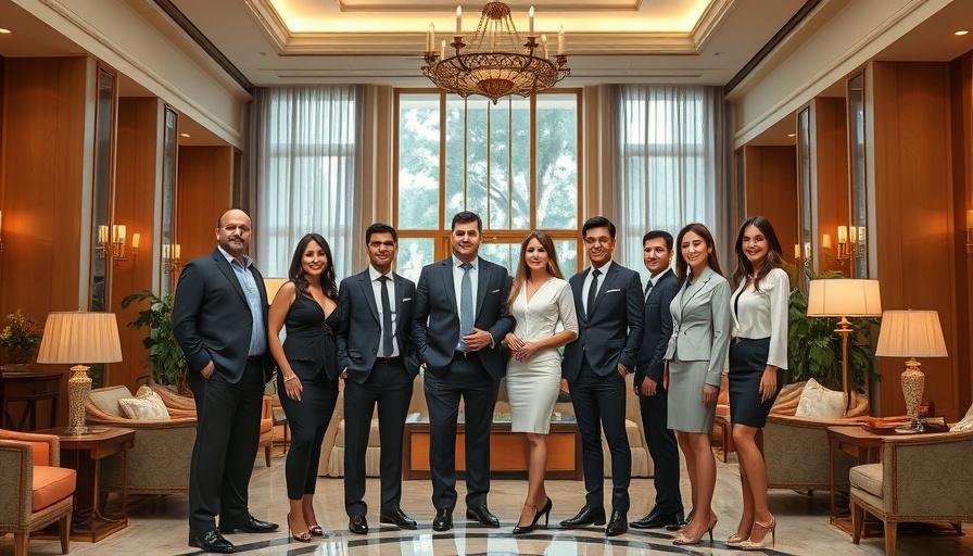 Elegant group in formal wear posing in a luxurious hotel lobby for Canada Fairmont Hotels Campaign.