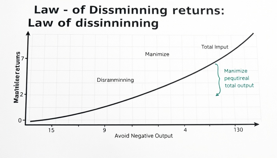 Graph illustrating the law of diminishing returns with three stages labeled.