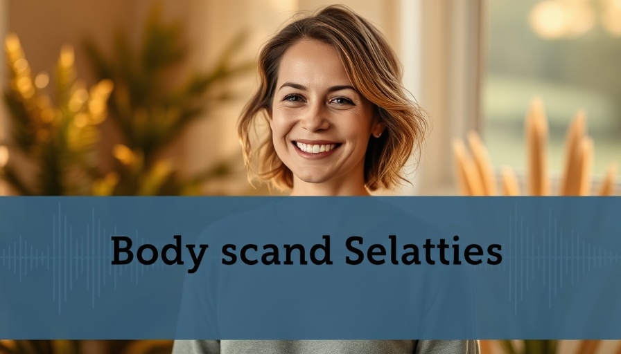 10-minute body scan meditation promotional image with smiling woman and nature background.