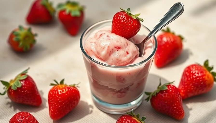 Strawberry sorbet in a glass cup with fresh strawberries, soft lighting.