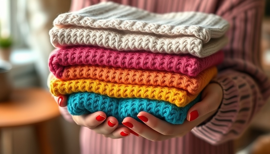 Neatly stacked sweaters in the hands of a person, declutter your clothes.