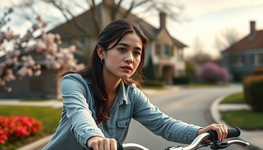 Young woman cycling on a suburban street during summer, boredom in summer activities.