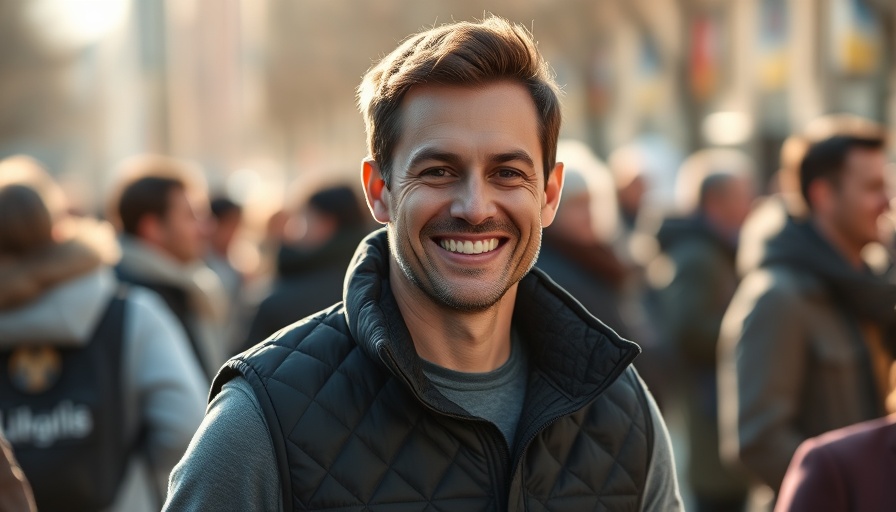 Smiling man in vest at Travel Trends AI Summit 2025 with soft lighting.