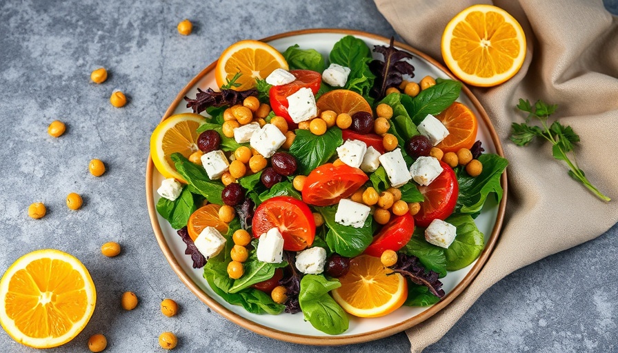 Colorful light summer salad with citrus and chickpeas on a plate.