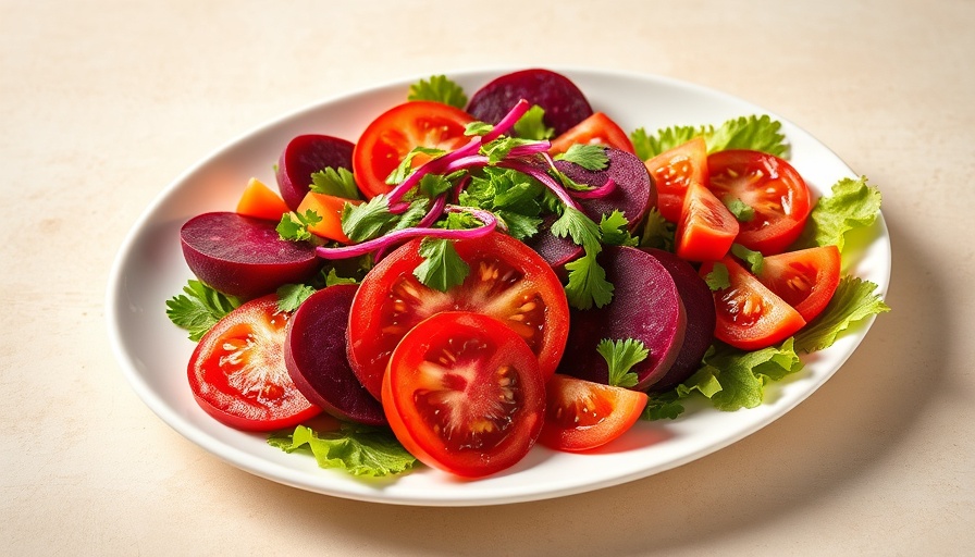 Rainbow beet salad with tomatoes and greens on a plate.