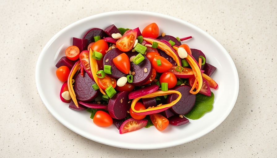 Rainbow Beet Salad Recipe with tomatoes and seeds on a plate.