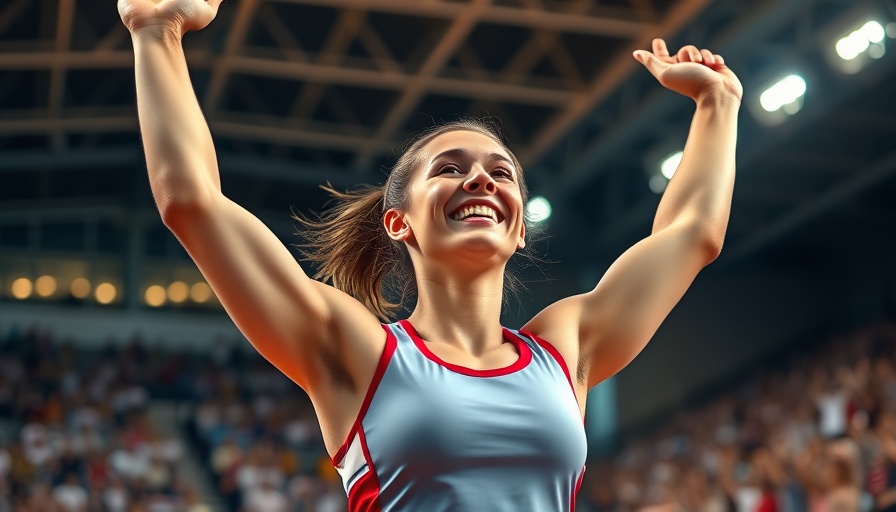 Sarah Mitton celebrates women's shot put bronze with raised arms.