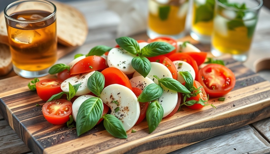Vibrant caprese salad as a summer side dish, rustic setup.