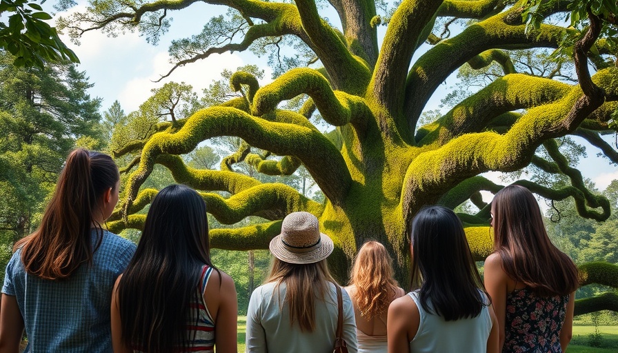 Visitors in historic district of Panama City admiring large tree.