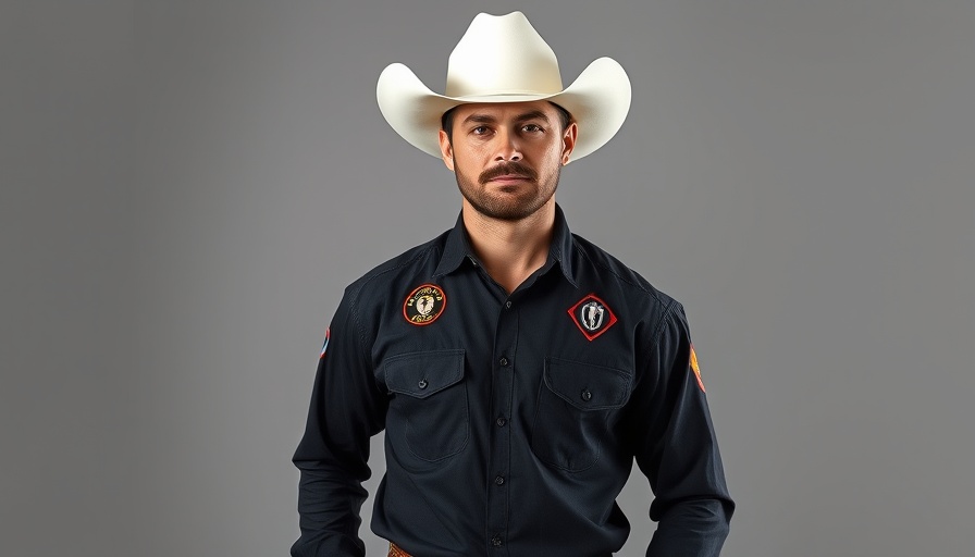 Confident cowboy with a white hat and rodeo shirt at Calgary Stampede Sunday Showdown.