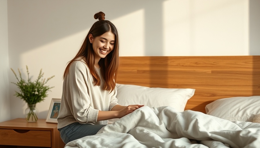 Woman making bed cheerfully in a cozy bedroom, how to wake up early.