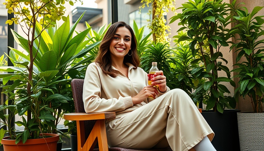 Woman enjoying stylish hydration with a water bottle on a patio.