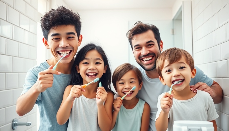Family practicing daily dental routines in modern bathroom.