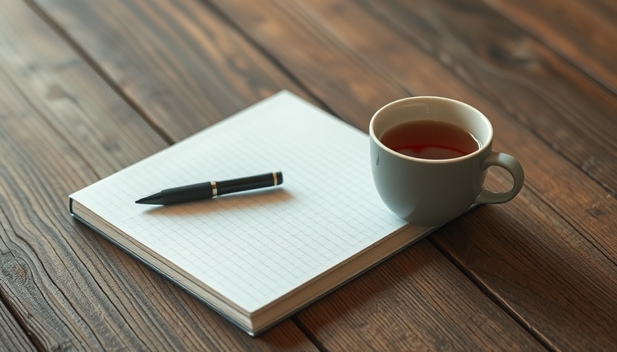 Notebook and tea cup on wooden table symbolizing simple routines to save time.