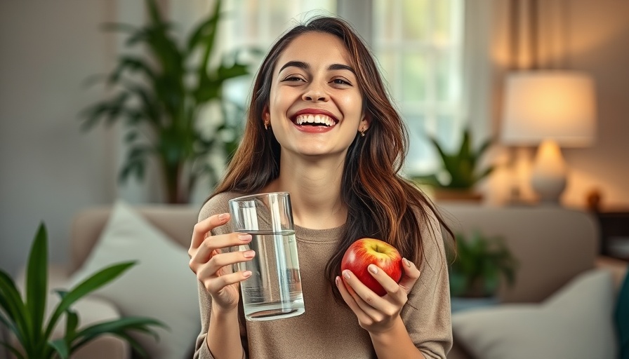 Happy woman with glass of water and apple, struggle to stick with habits.