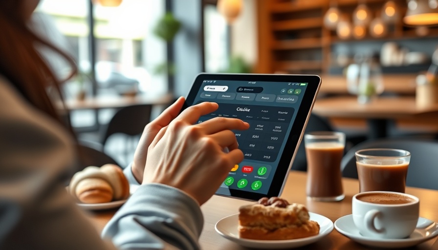 Digital tablet with calorie tracking app showing calorie requirements in cafe.