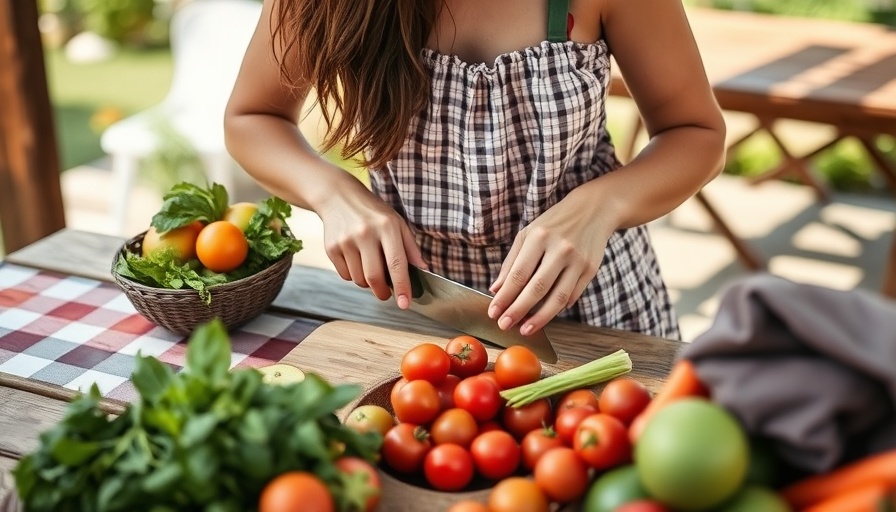 Woman preparing 10-minute meals for summer with fresh ingredients outdoors.