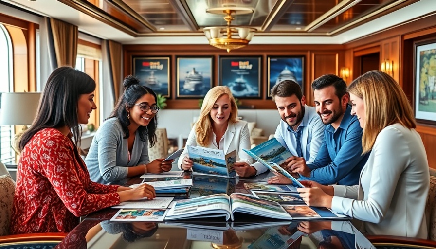 Oceania Cruises travel advisors discussing itineraries at an elegant office.