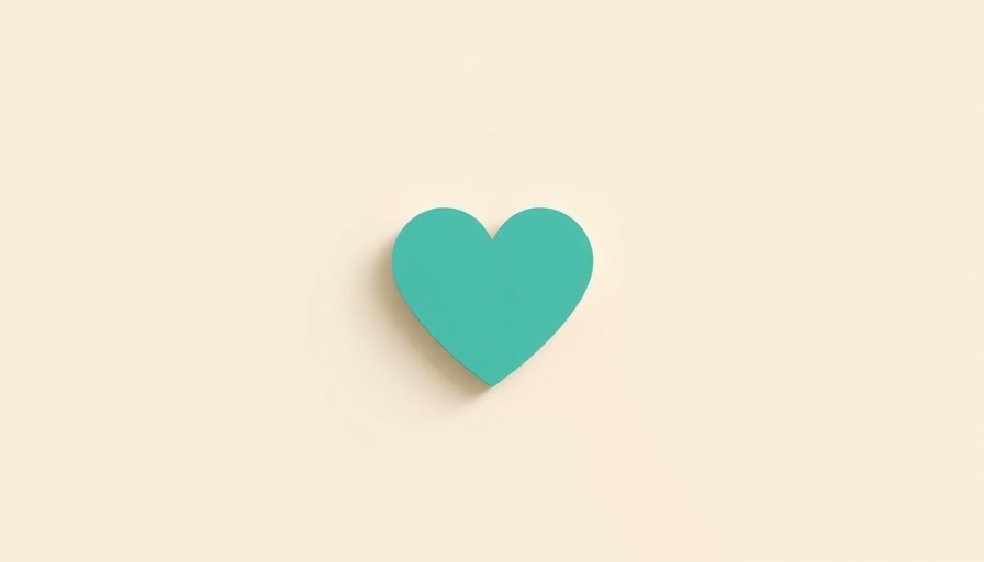 Minimalist graphic of teal heart on beige backdrop.
