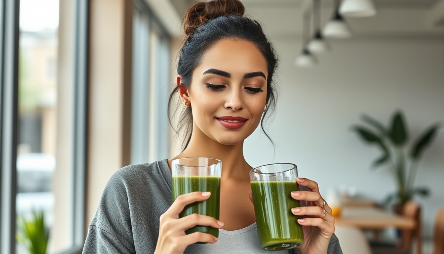 Woman embracing gut health habits with green smoothie, modern home.