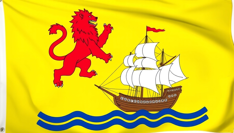 New Brunswick flag with lion and ship, vivid colors.