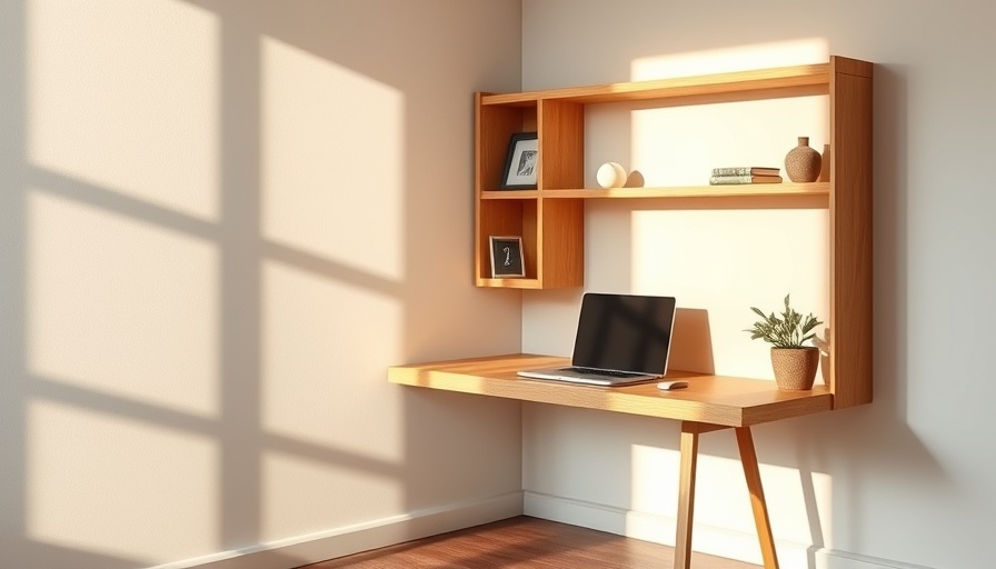 Minimalist desk setup with shelves in a natural light-filled space for renter-friendly design tips.
